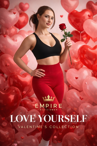Woman in black sports bra and red leggings holding a rose with heart balloons in the background, featuring 'Empire Activewear' branding.