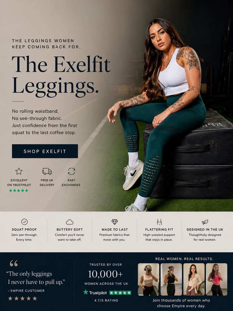 A woman wearing dark teal Exelfit leggings with perforated details at the knees sits on a black leather bench. The ad features promotional text for 'The Exelfit Leggings' on the left side, including a 'SHOP EXELFIT' button and feature icons, set against a split beige and dark gray background with green turf at the bottom.