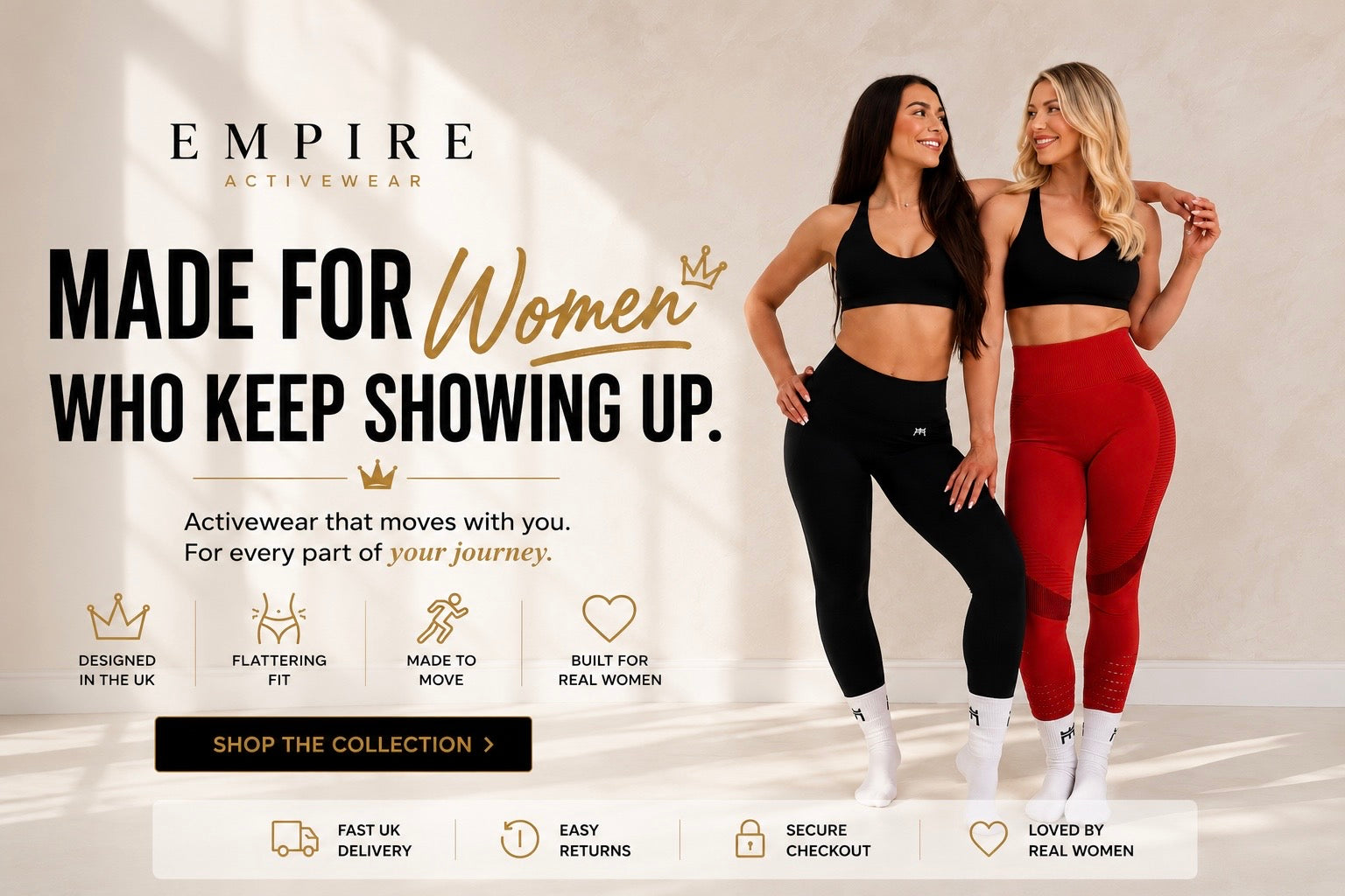 Two women wearing Empire Activewear with promotional text on a light background