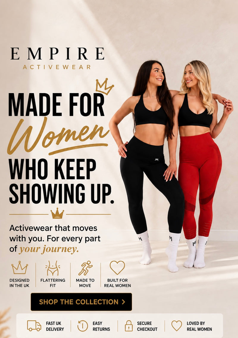 Two women wearing Empire Activewear with promotional text on a beige background