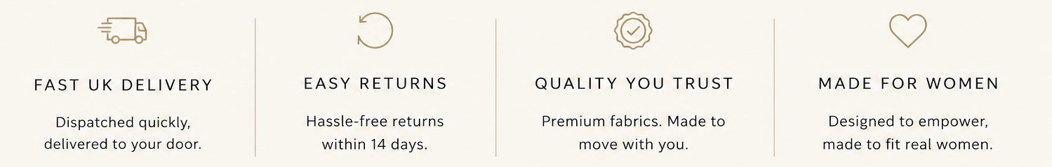 A light beige banner with four vertical text panels reading 'FAST UK DELIVERY', 'EASY RETURNS', 'QUALITY YOU TRUST', and 'MADE FOR WOMEN', plus smaller delivery and trust icons above each phrase.