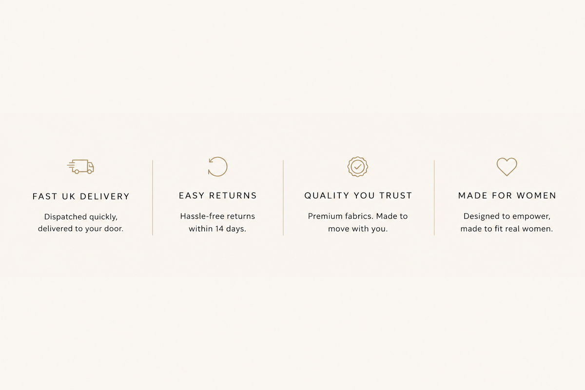 A minimalist infographic on a light cream background with four feature callouts: fast UK delivery, easy returns, quality you trust, and made for women, each with a small line icon and descriptive text.