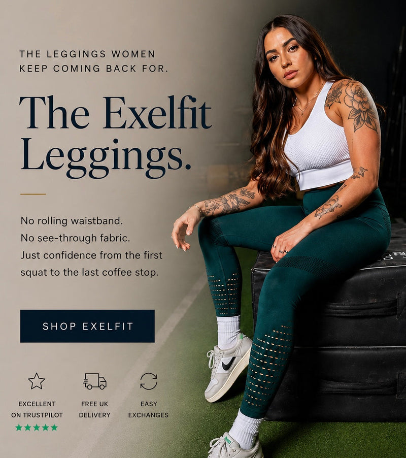 A woman wearing dark teal Exelfit leggings with perforated details at the knees sits on a black leather bench. The ad features promotional text for 'The Exelfit Leggings' on the left side, including a 'SHOP EXELFIT' button and feature icons, set against a split beige and dark gray background with green turf at the bottom.
