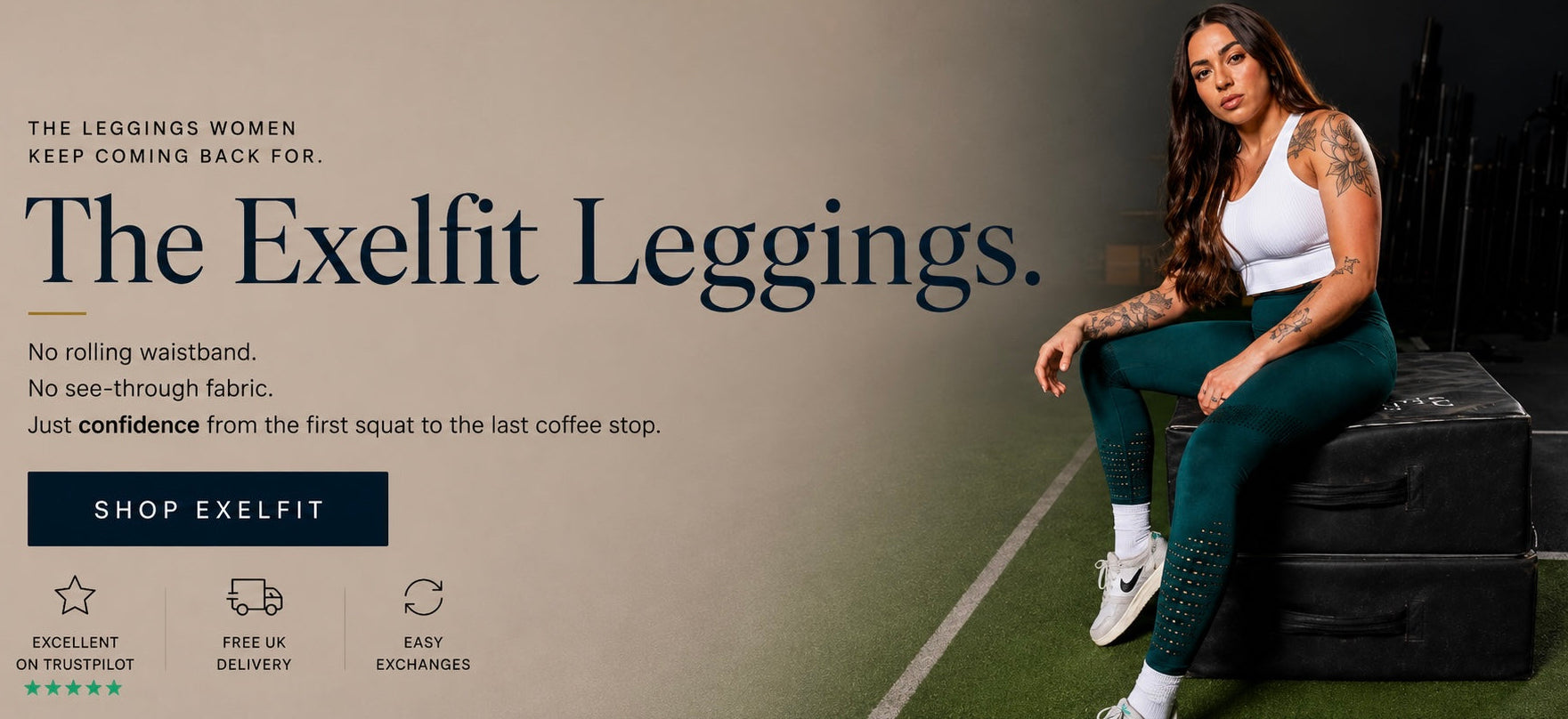 A woman wearing dark teal Exelfit leggings with perforated details at the knees sits on a black leather bench. The ad features promotional text for 'The Exelfit Leggings' on the left side, including a 'SHOP EXELFIT' button and feature icons, set against a split beige and dark gray background with green turf at the bottom.