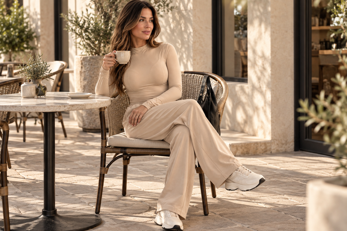 A woman sits on a patio chair at an outdoor cafe, wearing a matching beige long-sleeve mock-neck top and wide-leg pants set, holding a white mug.